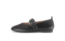 Load image into Gallery viewer, Black flat shoe with a buckle on a white background
