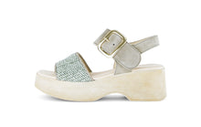 Load image into Gallery viewer, Green sandal with wooden sole and rhinestone embellishment on a white background
