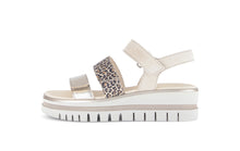Load image into Gallery viewer, Beige sandal with leopard print heel on a white background
