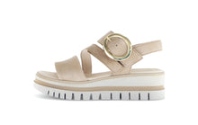 Load image into Gallery viewer, Beige sandal with a gold buckle on a white background
