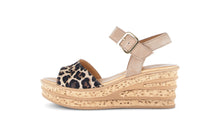 Load image into Gallery viewer, Beige wedge sandal with leopard print inner sole on a white background
