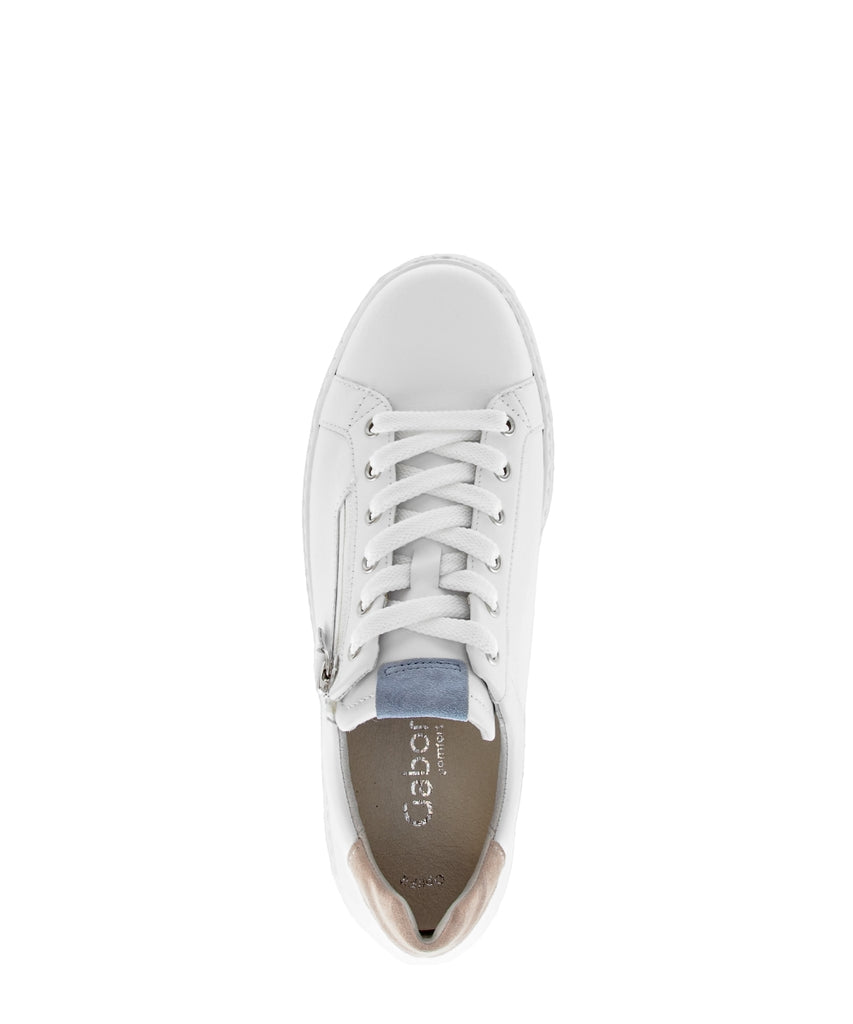 White sneaker with brand logo on a white background