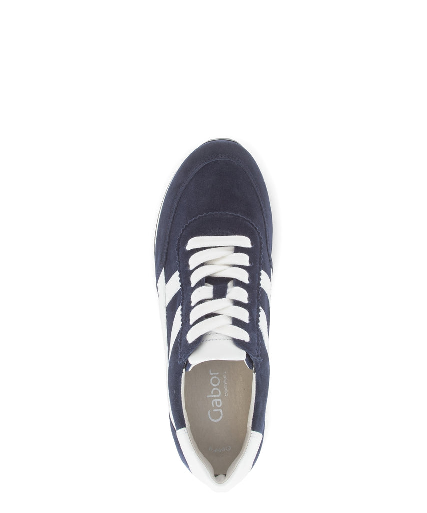 Navy blue sneaker with white laces on a white background