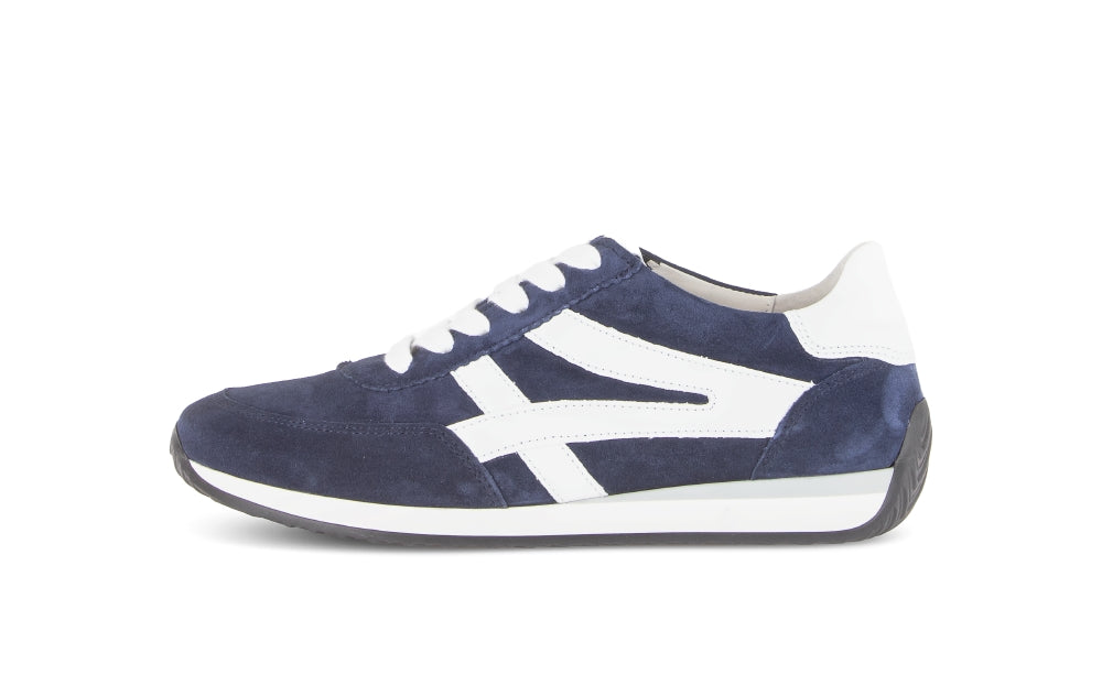 Navy blue and white sneaker on a white background