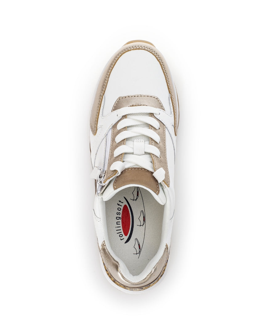 Rolling Soft White, Gold and Leo Print Trainer|8687853