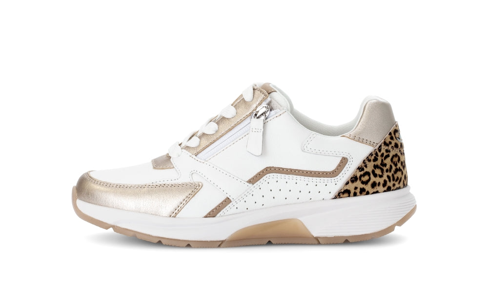 White sneaker with leopard print accents on a white background