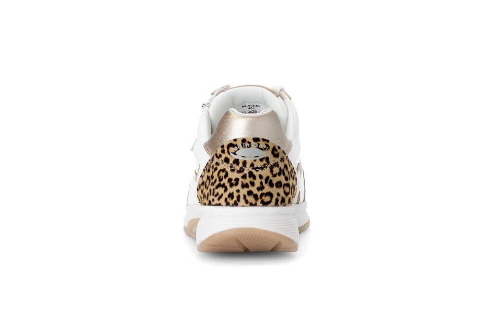Rolling Soft White, Gold and Leo Print Trainer|8687853