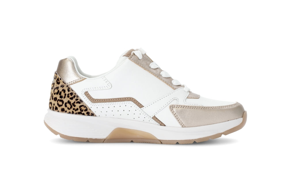 Rolling Soft White, Gold and Leo Print Trainer|8687853