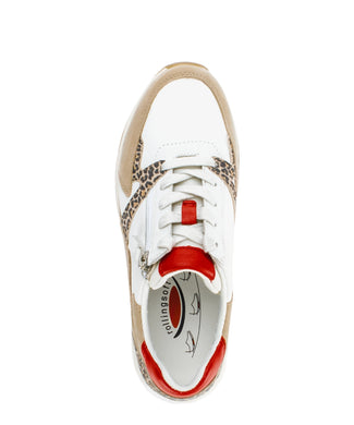 Sneaker with leopard print and red accents on a white background