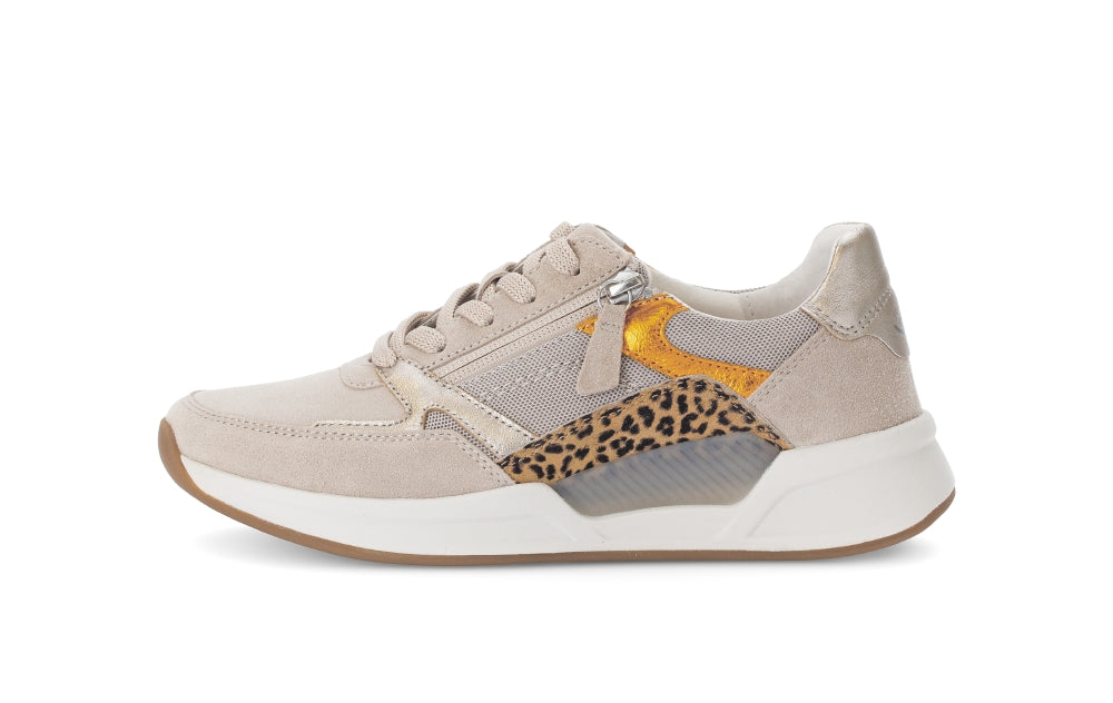 Beige sneaker with leopard print and gold accents on a white background