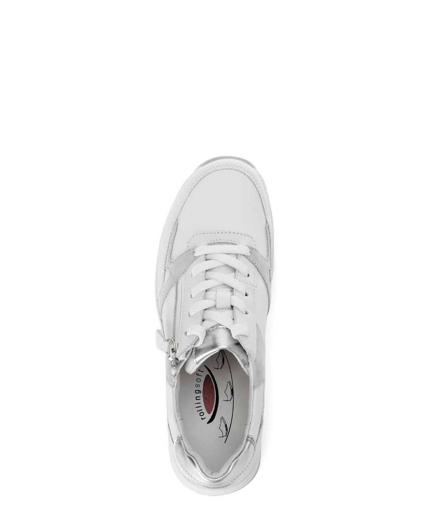 Rolling Soft White and Silver Mini Wedge Trainer|8695850