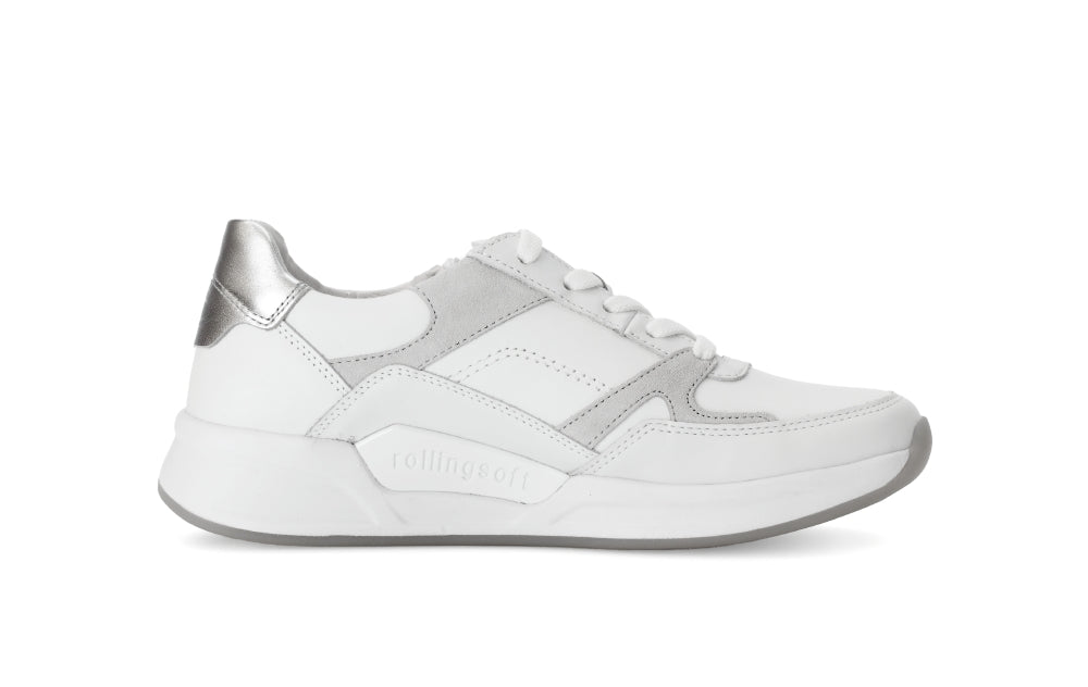 Rolling Soft White and Silver Mini Wedge Trainer|8695850
