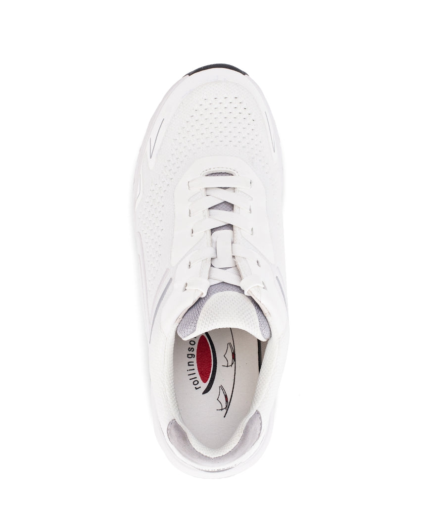 White sneaker with brand logo on a white background