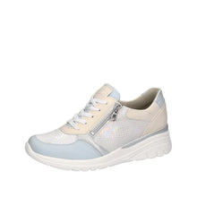 Load image into Gallery viewer, White and light blue sneaker on a white background
