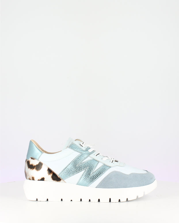 Wonders Metallic Blue and Leo Print Wedge Trainer|A24100A