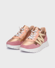 Load image into Gallery viewer, Pair of pink and rose gold sneakers on a light gray background
