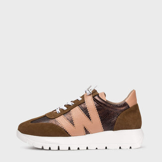 Wonders Brown & Salmon Pink Wedge Leather Trainer|A2476CO