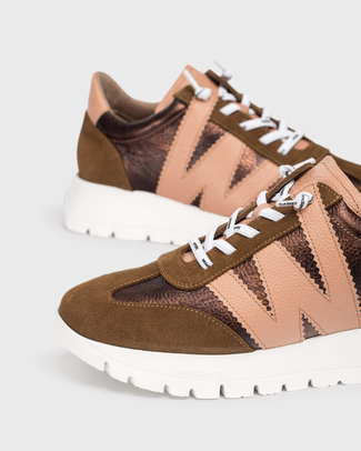 Wonders Brown & Salmon Pink Wedge Leather Trainer|A2476CO