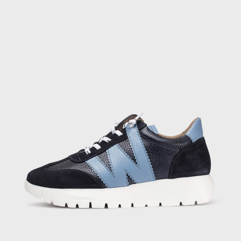 Wonders Navy and Sky Blue Leather Wedge Trainer|A2476NO
