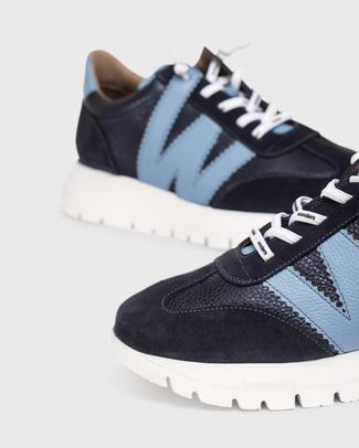 Wonders Navy and Sky Blue Leather Wedge Trainer|A2476NO