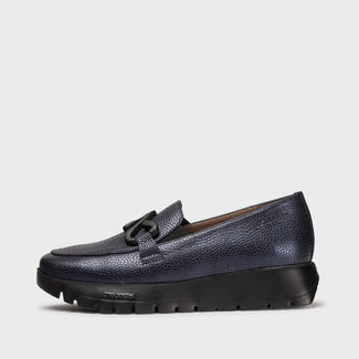 Wonders Navy Leather Mini Wedge Loafer|A2494NA