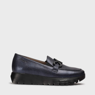 Wonders Navy Leather Mini Wedge Loafer|A2494NA