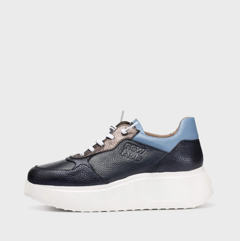 Wonders Navy Leather Platform Trainer|A3630NA
