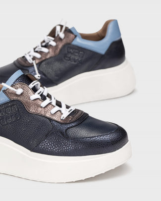 Wonders Navy Leather Platform Trainer|A3630NA