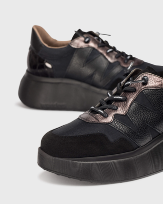 Wonders Black Leather Mini Wedge Trainer|A3631BL