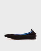 Load image into Gallery viewer, Black flat shoe with blue interior on a white background
