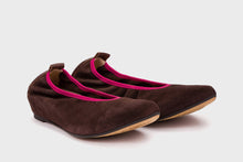 Load image into Gallery viewer, Pair of brown suede shoes with pink interior on a light gray background
