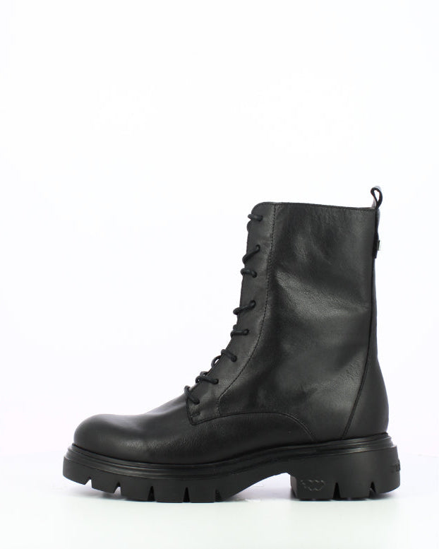 A single black leather lace-up ankle boot with a chunky lug sole, shown from a side profile view against a plain white background.