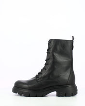Load image into Gallery viewer, A single black leather lace-up ankle boot with a chunky lug sole, shown from a side profile view against a plain white background.

