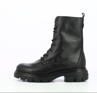 A single black leather lace-up ankle boot with a chunky lug sole, shown from a side profile view against a plain white background.