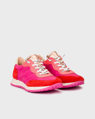 Pink and red sneaker on a light gray background