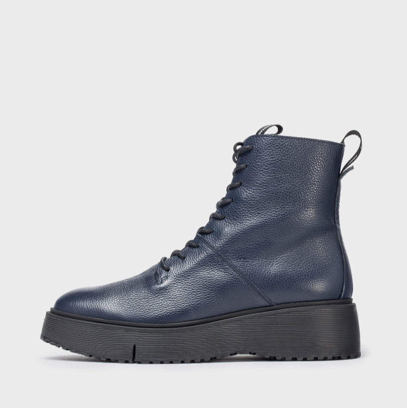 Wonders Navy Leather Laced Platform Ankle Boot|A9350WNA