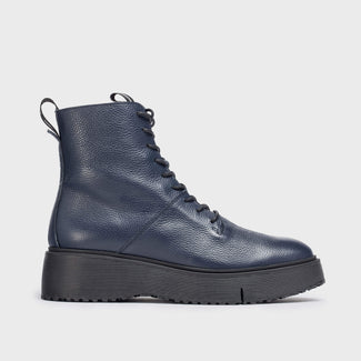Wonders Navy Leather Laced Platform Ankle Boot|A9350WNA