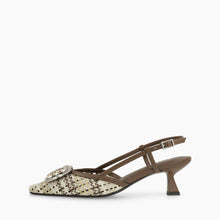 Load image into Gallery viewer, Brown sandal with a decorative buckle on a white background
