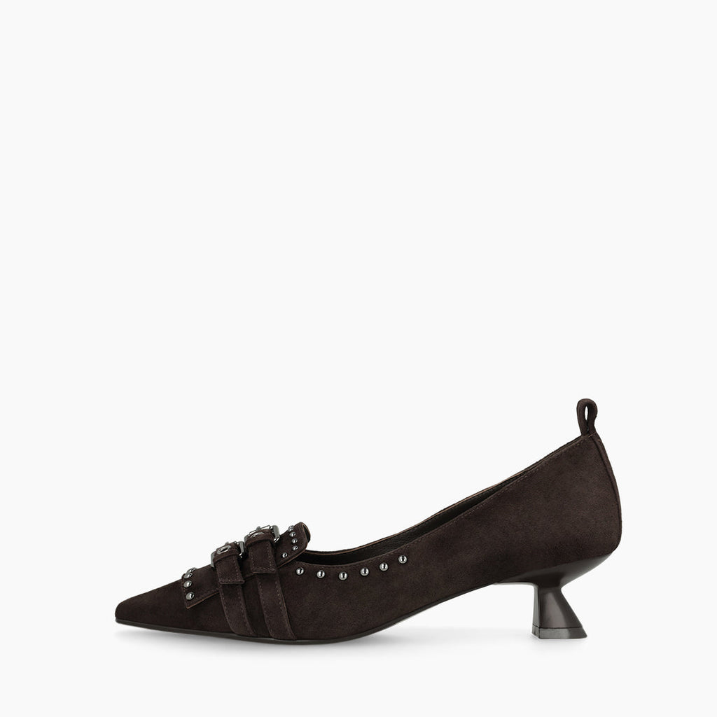 A single dark brown suede pointed-toe pump with a low kitten heel, decorative straps, and silver studs, shown in profile against a plain white background.