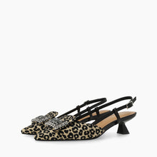 Load image into Gallery viewer, Leopard print high heels with embellishments on a white background
