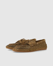 Load image into Gallery viewer, Brown loafers with gold studs on a light gray background
