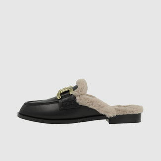 Lodi Black Leather Fur Lined Moccasin Slipper|GOZ5695NE