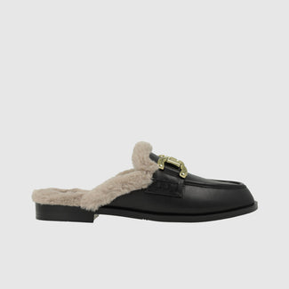 Lodi Black Leather Fur Lined Moccasin Slipper|GOZ5695NE