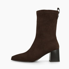 Load image into Gallery viewer, A dark brown suede ankle boot with a chunky black block heel and a small side pull tab, shown in profile against a plain white background.
