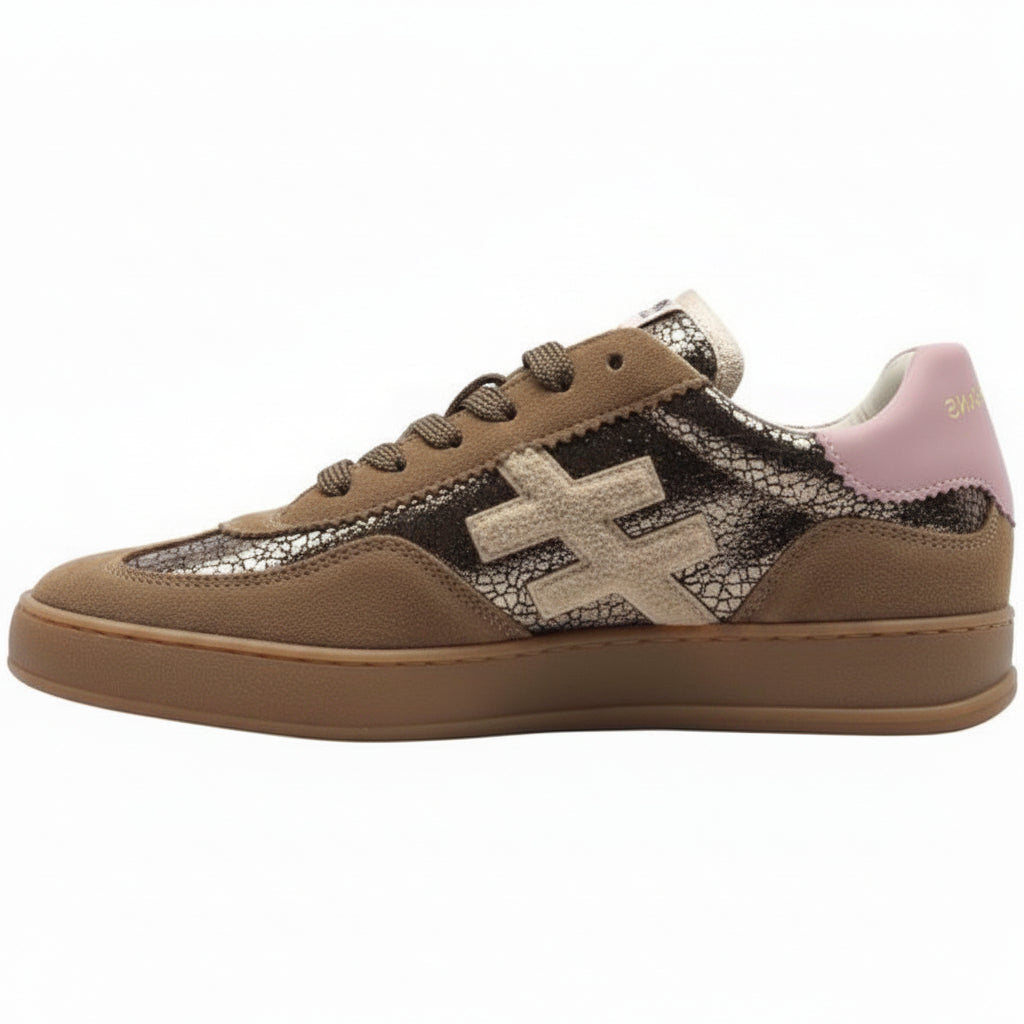 A low-top sneaker featuring brown suede and snakeskin-patterned panels, a light beige cross logo on the side, a pink heel tab, and a gum brown sole.