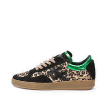 Load image into Gallery viewer, A low-top sneaker featuring a black suede base with a beige and black leopard print pattern on the toe box, black side panels, beige laces, a metallic green collar, and a gum brown sole.
