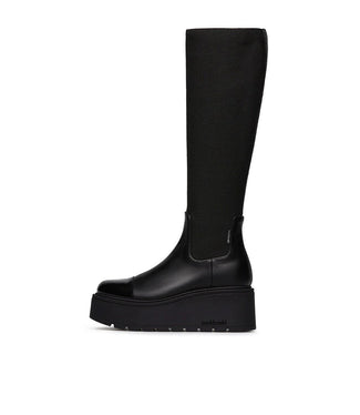 Black knee-high boot on a white background