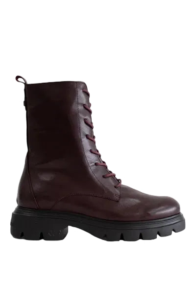 A dark burgundy leather lace-up ankle boot with a chunky black lug sole, shown in a side profile against a light gray background.