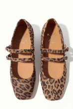 Load image into Gallery viewer, Pair of leopard print flats with a strap on a white background
