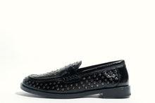 Load image into Gallery viewer, Black loafer shoe with studded details on a white background
